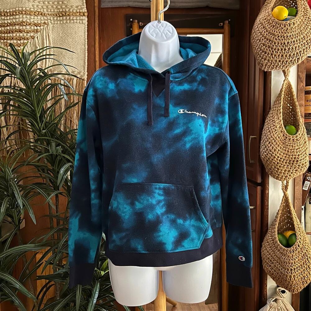 Champion Blue Tie Dye Hoodie Womens Small Fleece Pullover Logo Sweatshirt EUC
